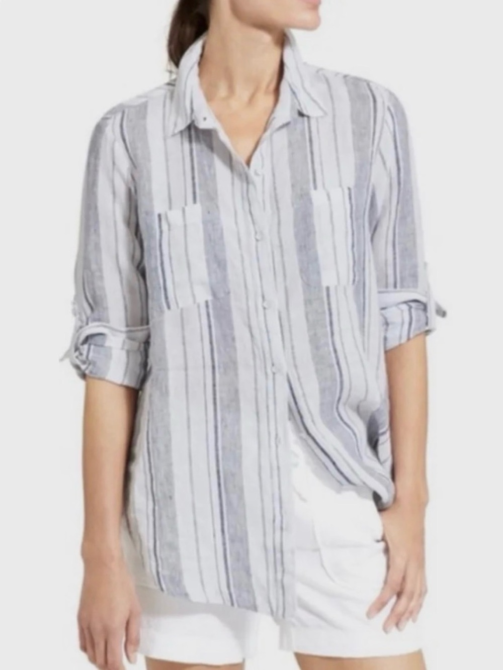 Athleta Women’s 100% Line  White and‎ Blue Vertical Stripe Button-Down Shirt